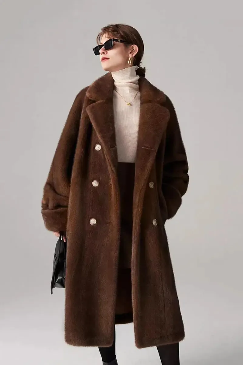 Long Double-breasted Pink Faux Fur Coat With Lapel Collar
