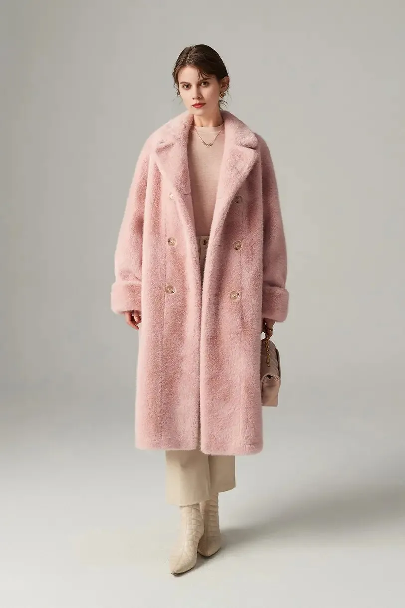 Long Double-breasted Pink Faux Fur Coat With Lapel Collar