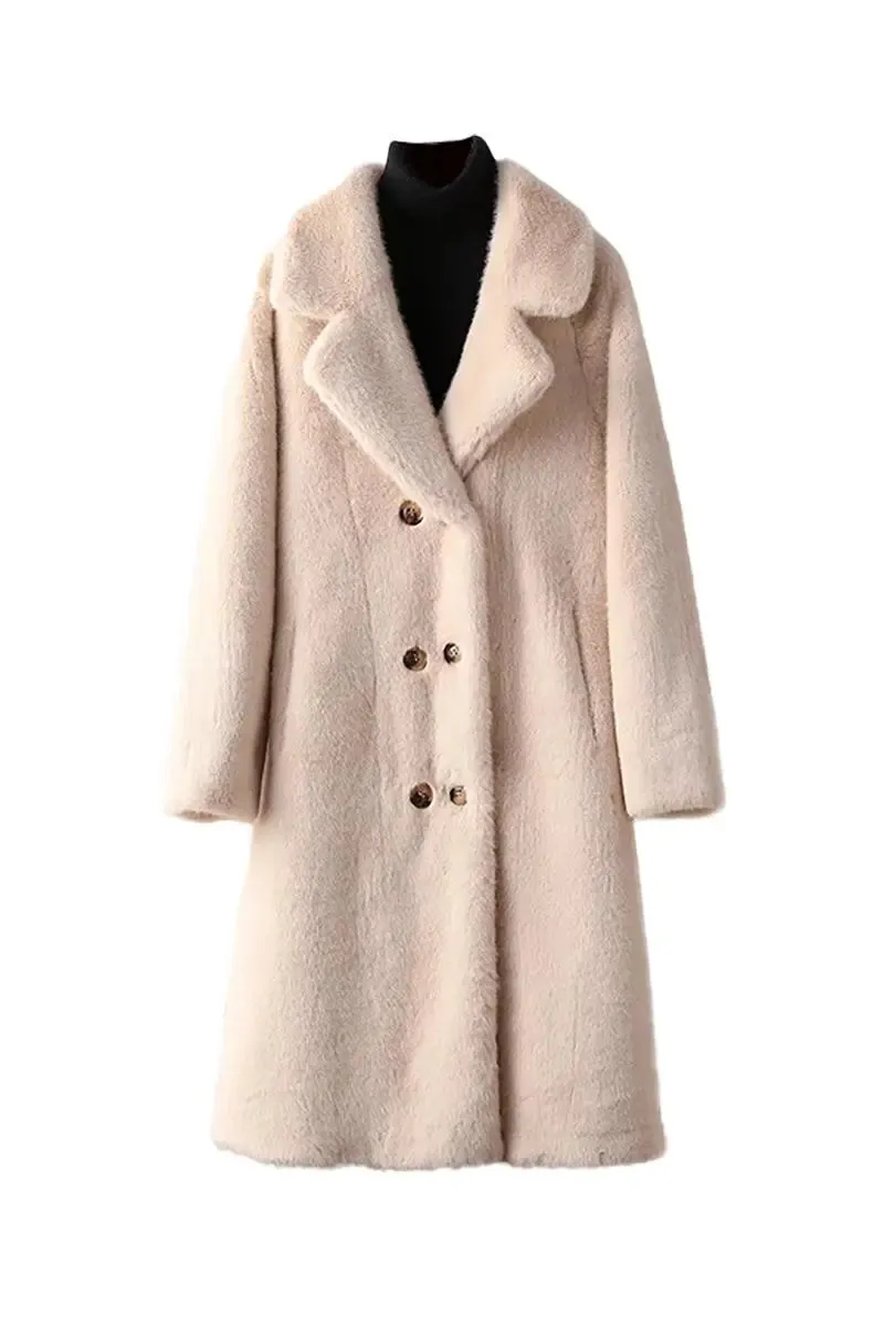 Long Double-breasted Pink Faux Fur Coat With Lapel Collar