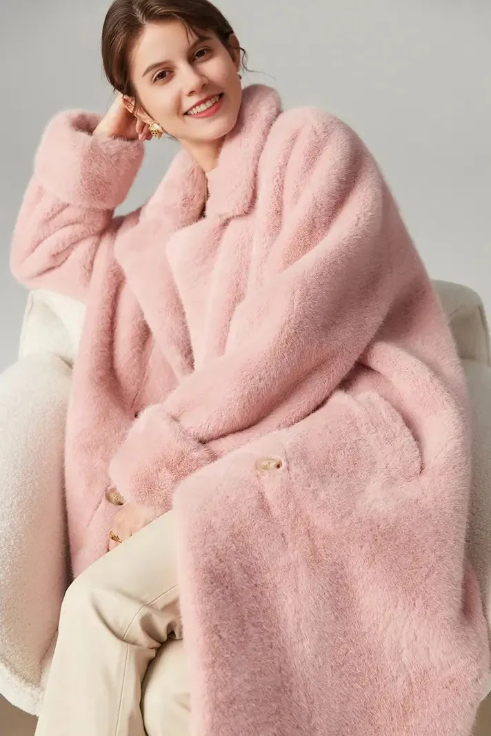 Long Double-breasted Pink Faux Fur Coat With Lapel Collar