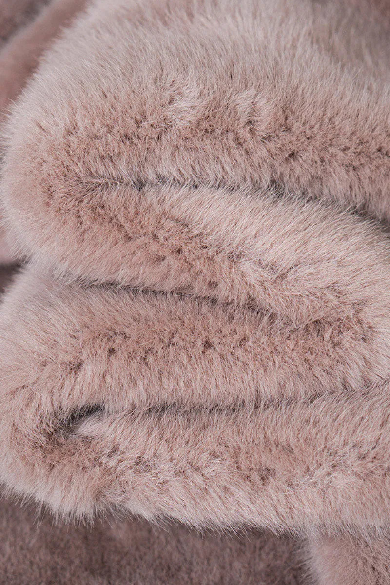 Long Double-breasted Pink Faux Fur Coat With Lapel Collar