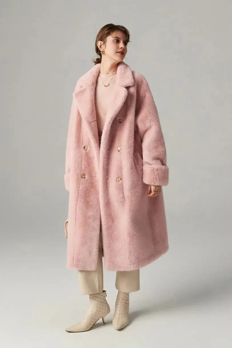 Long Double-breasted Pink Faux Fur Coat With Lapel Collar
