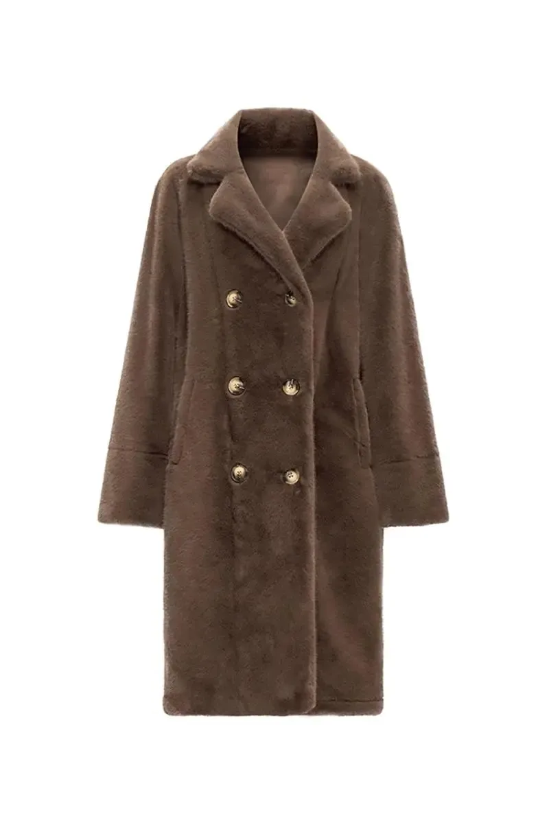 Long Double-breasted Pink Faux Fur Coat With Lapel Collar