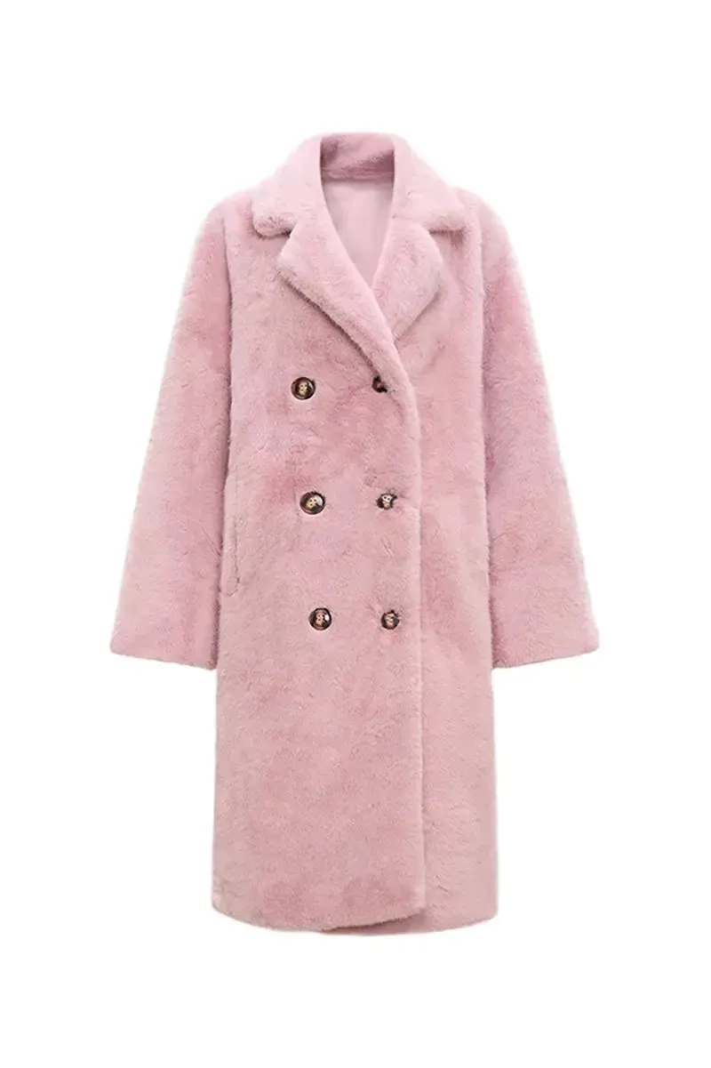 Long Double-breasted Pink Faux Fur Coat With Lapel Collar