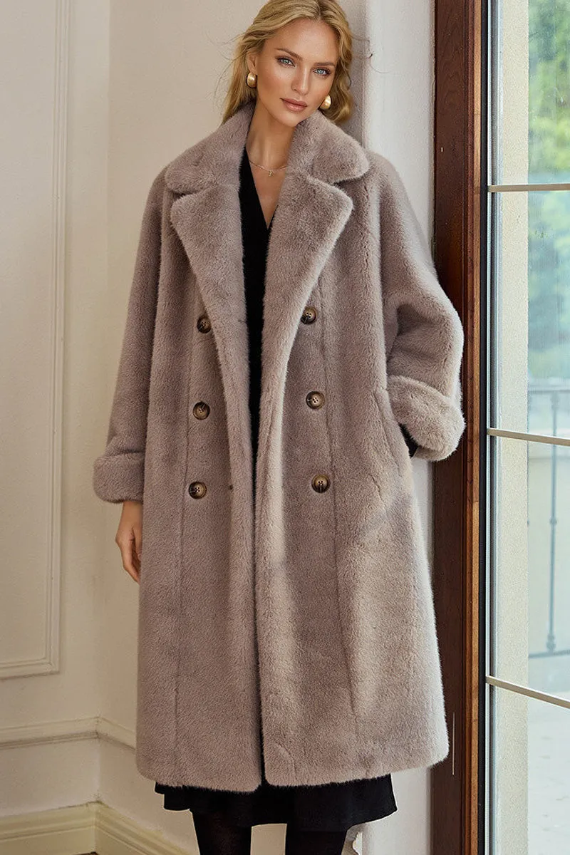 Long Double-breasted Pink Faux Fur Coat With Lapel Collar