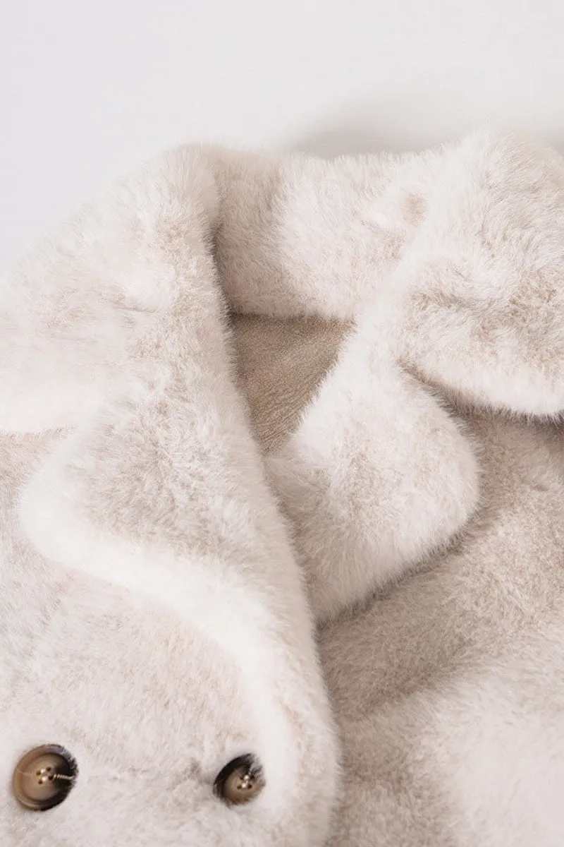 Long Double-breasted Pink Faux Fur Coat With Lapel Collar