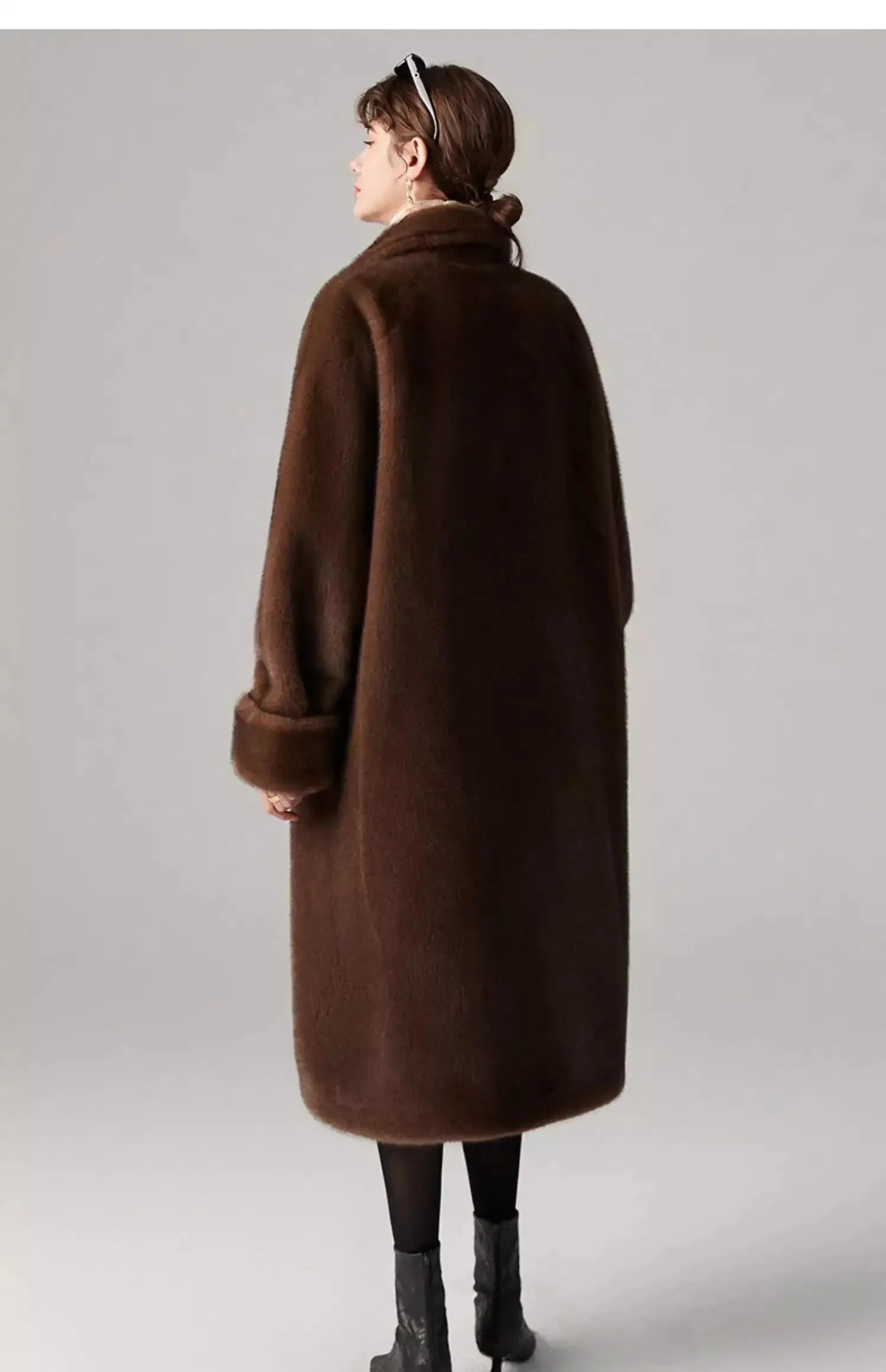 Long Double-breasted Pink Faux Fur Coat With Lapel Collar