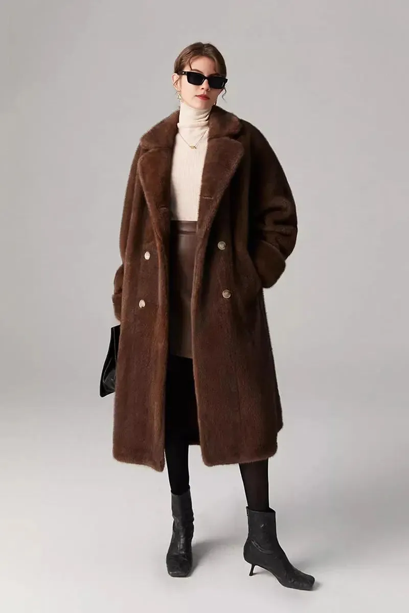Long Double-breasted Pink Faux Fur Coat With Lapel Collar