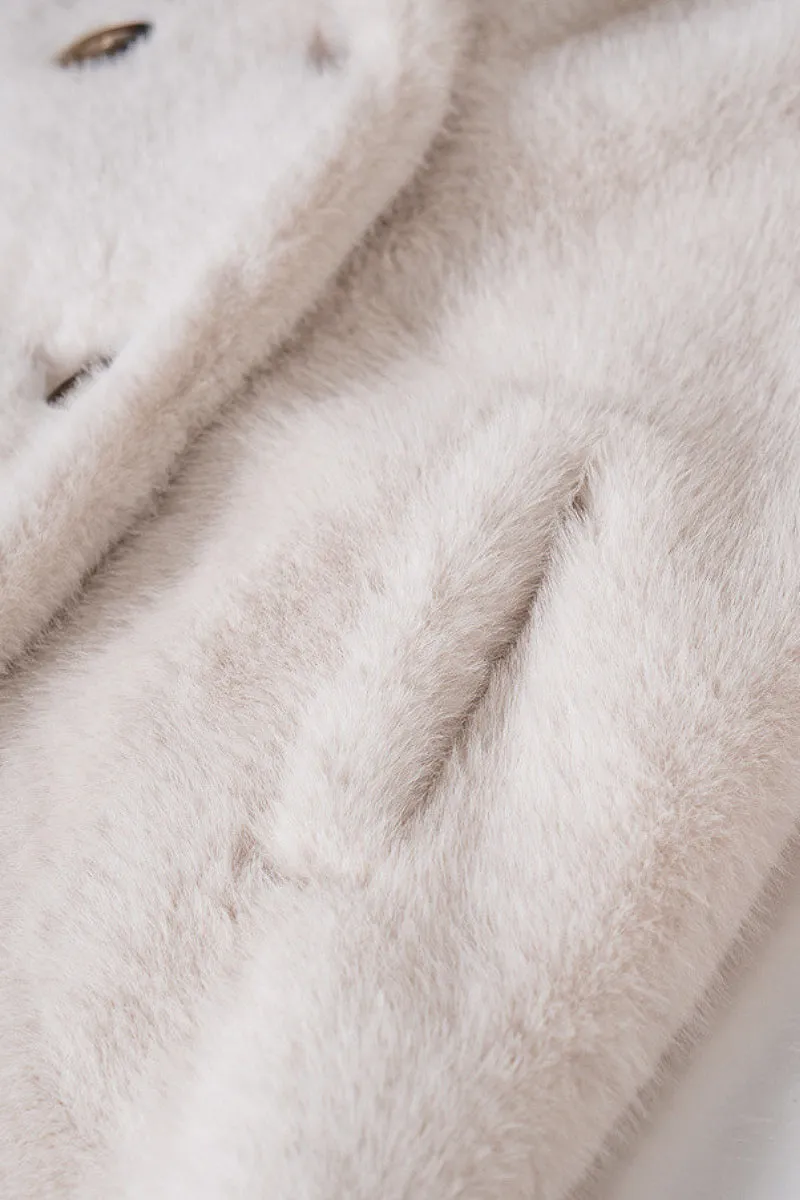 Long Double-breasted Pink Faux Fur Coat With Lapel Collar