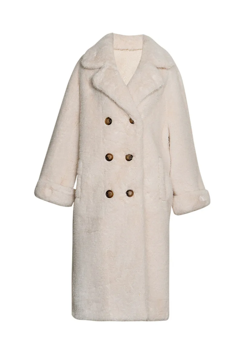 Long Double-breasted Pink Faux Fur Coat With Lapel Collar