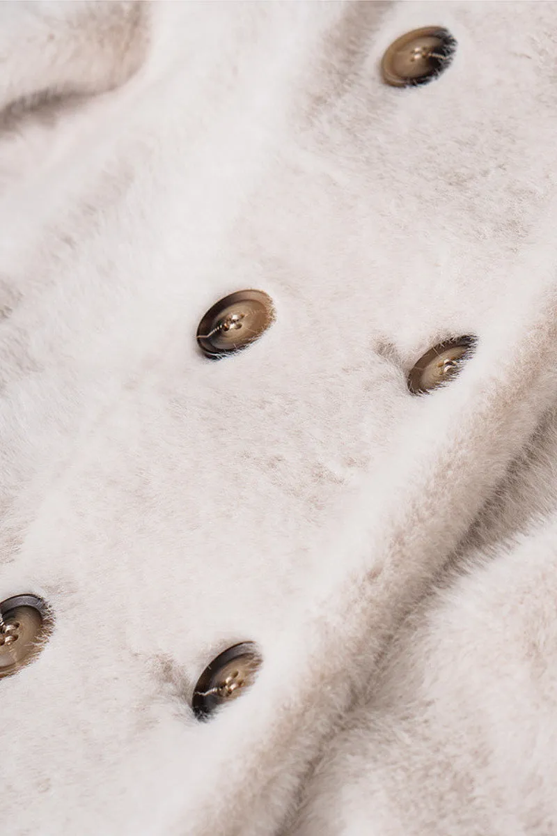 Long Double-breasted Pink Faux Fur Coat With Lapel Collar