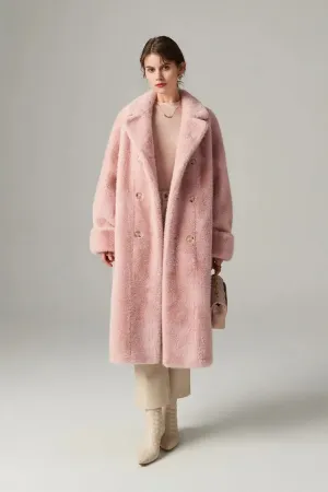 Long Double-breasted Pink Faux Fur Coat With Lapel Collar