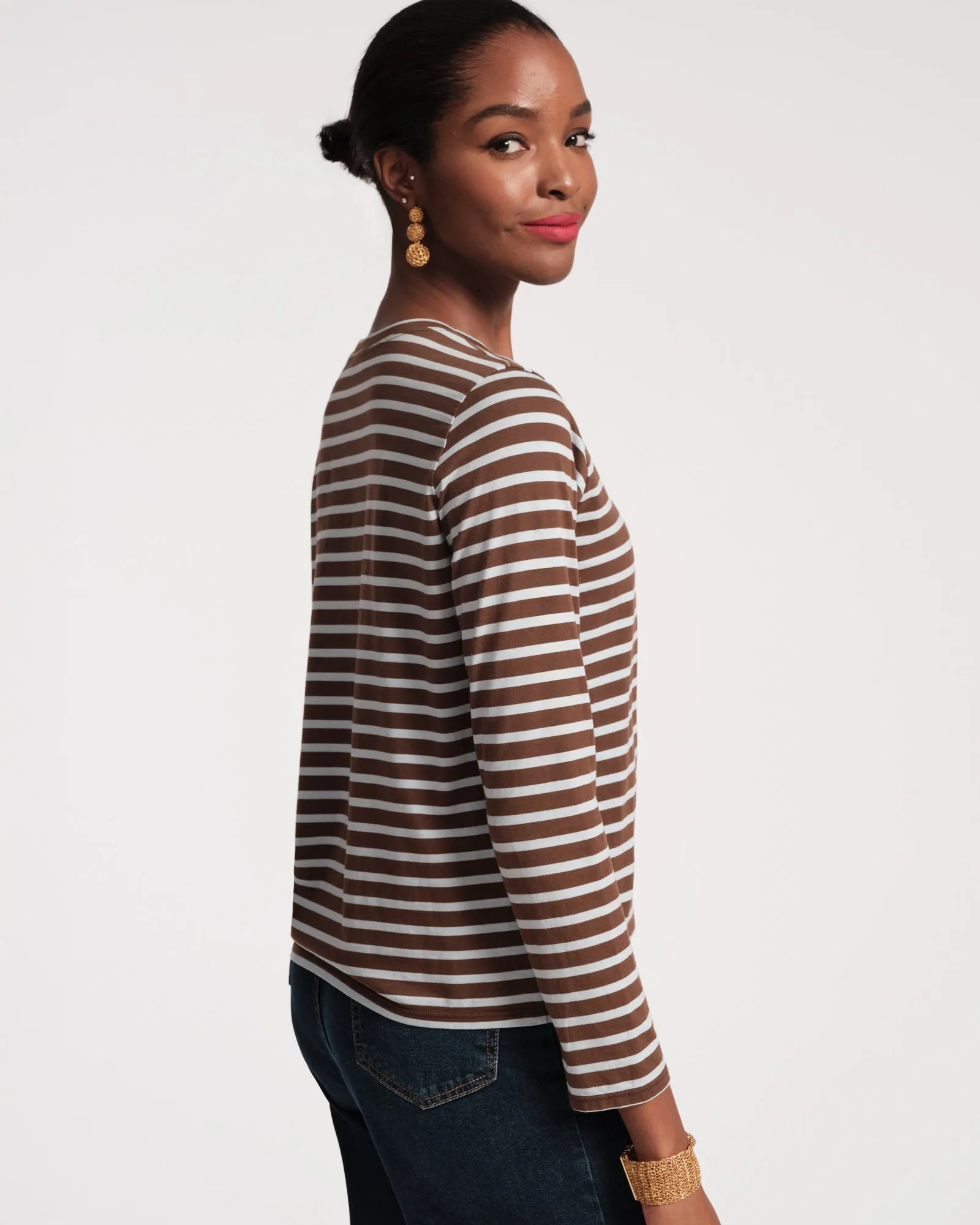 Long Sleeve Striped Tee Shirt Chocolate Light Blue