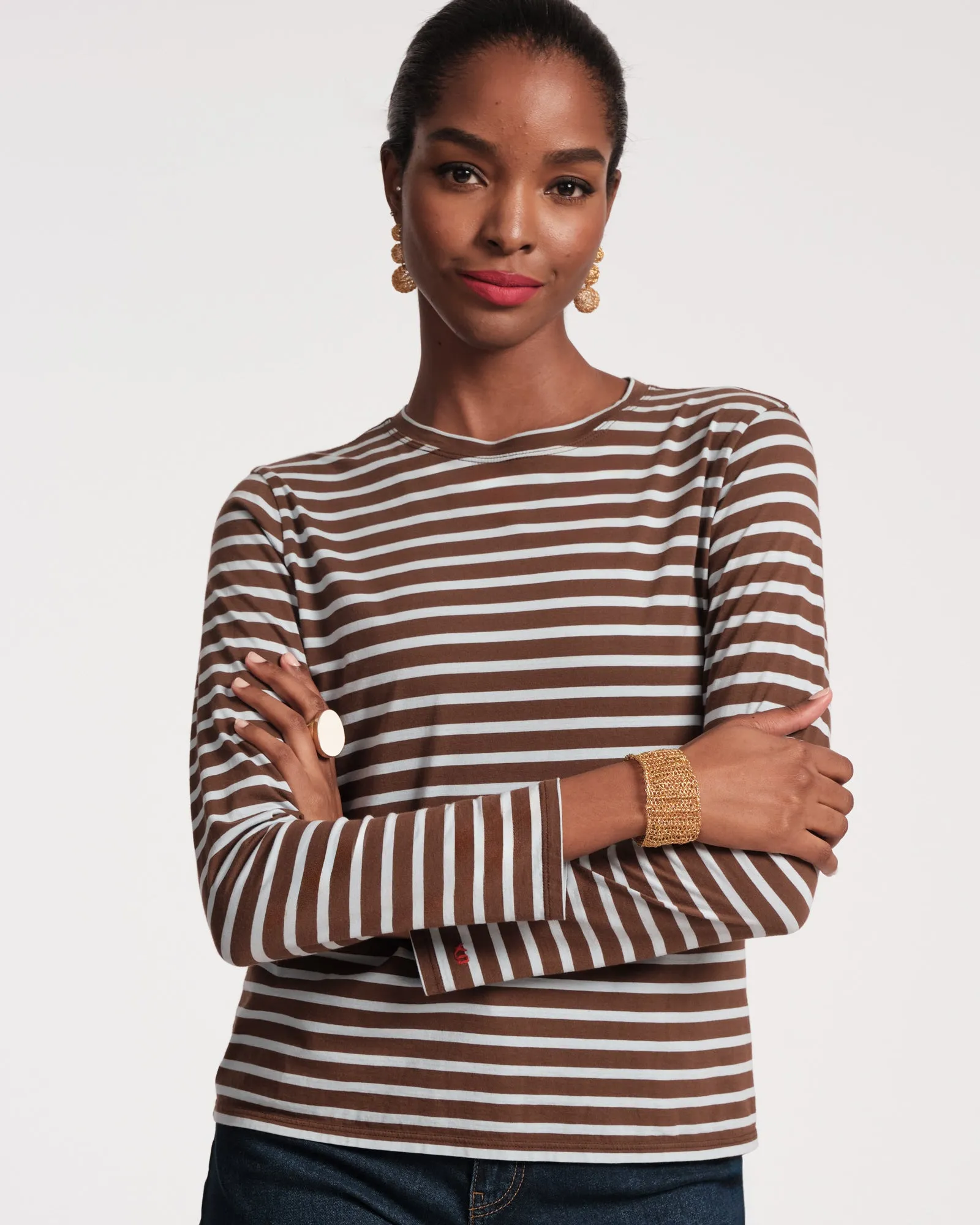 Long Sleeve Striped Tee Shirt Chocolate Light Blue