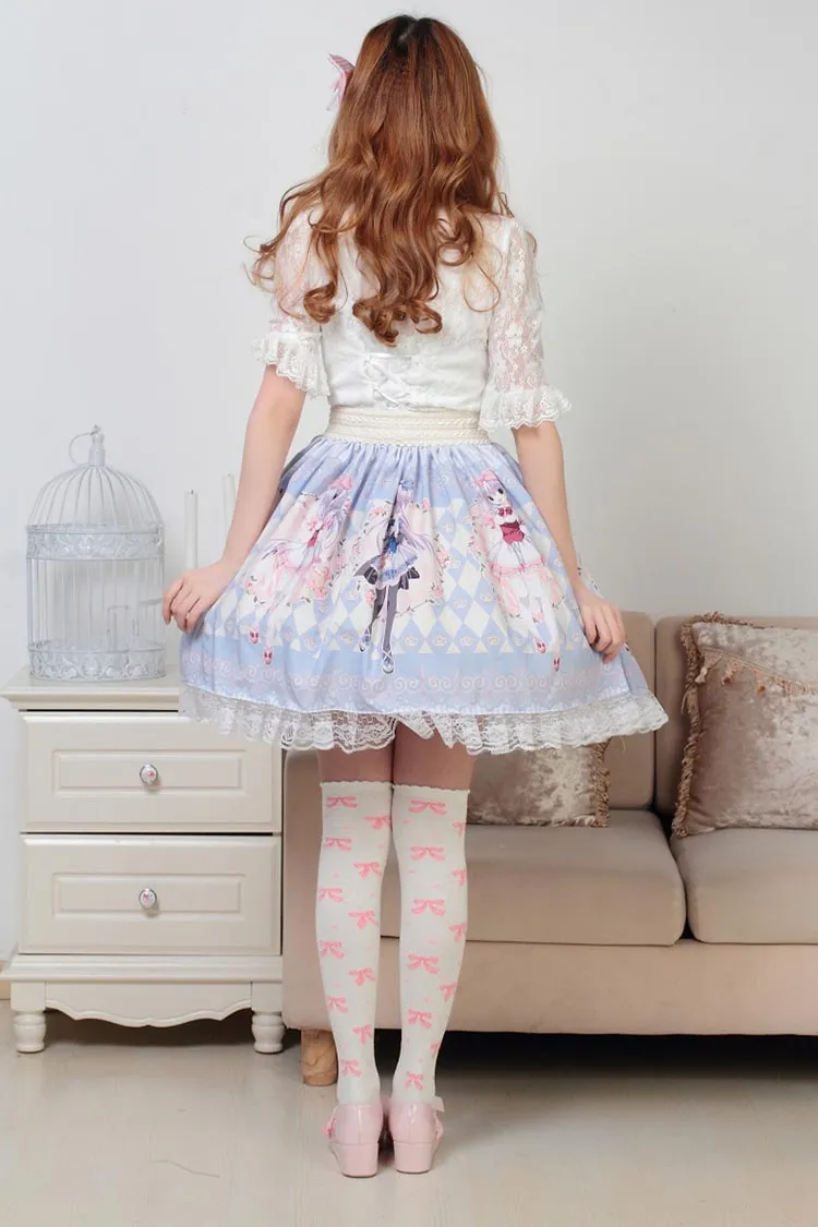 Lovely Sweet Blue Anime Character Printed Pleated Lolita Skirt for Girl with Lace Trimming