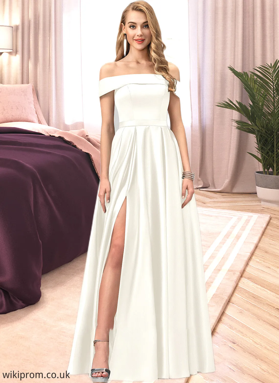 Marian Ball-Gown/Princess Off-the-Shoulder Floor-Length Satin Wedding Dress With Split Front Pockets SWKP0013774