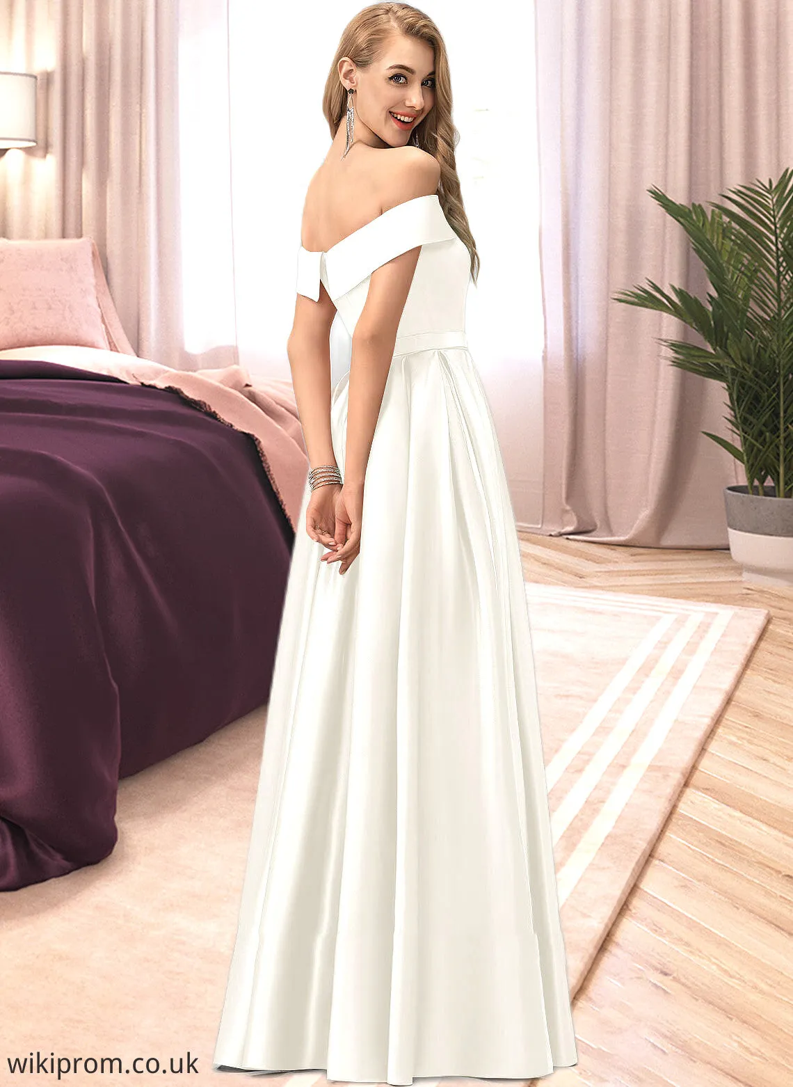 Marian Ball-Gown/Princess Off-the-Shoulder Floor-Length Satin Wedding Dress With Split Front Pockets SWKP0013774