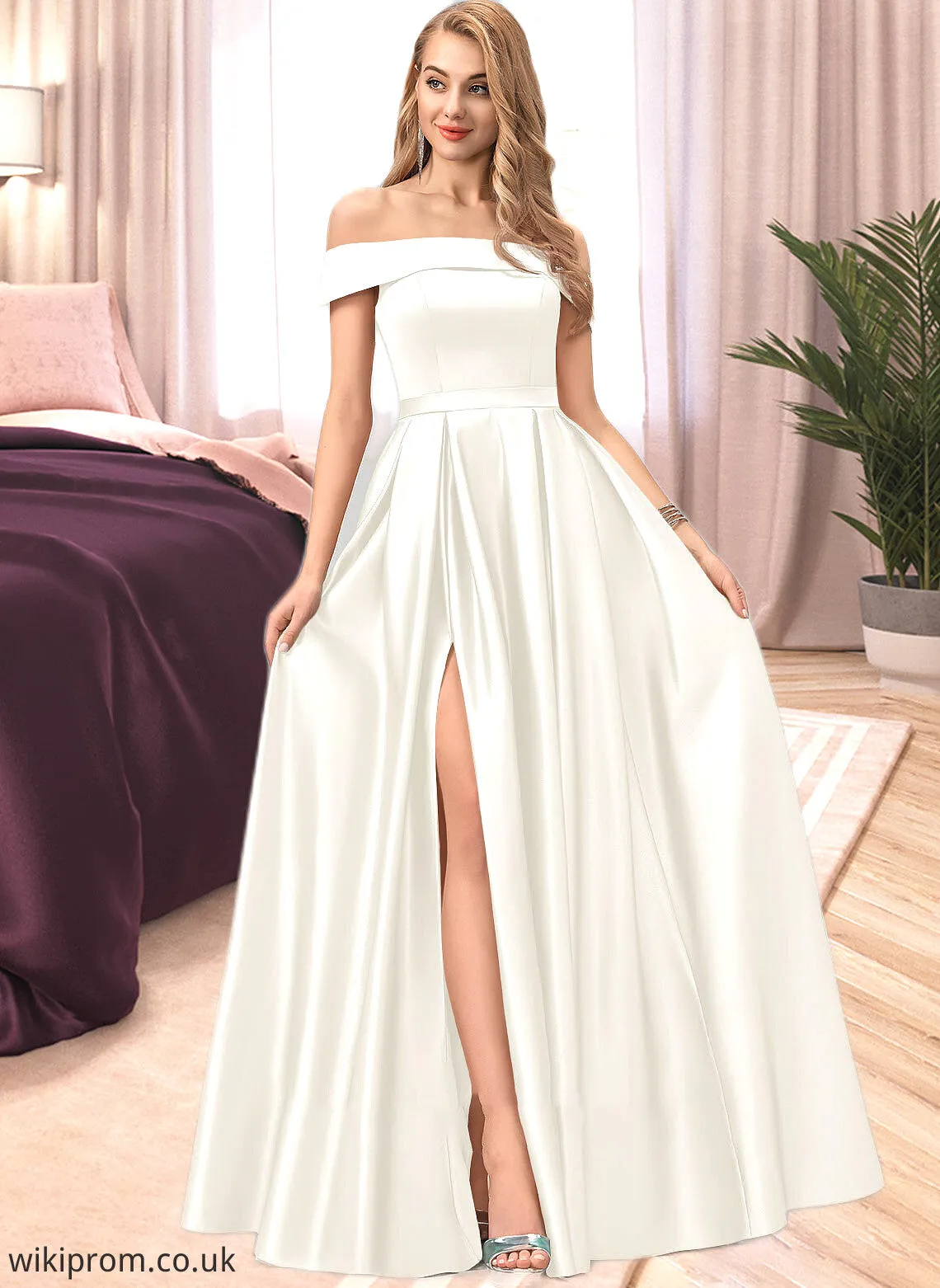 Marian Ball-Gown/Princess Off-the-Shoulder Floor-Length Satin Wedding Dress With Split Front Pockets SWKP0013774