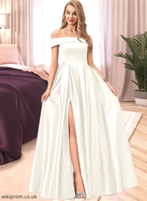 Marian Ball-Gown/Princess Off-the-Shoulder Floor-Length Satin Wedding Dress With Split Front Pockets SWKP0013774