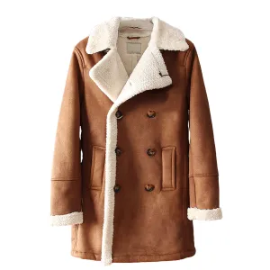 Men’s Brown Suede Sherpa Shearling Faux Fur Lined Double Breasted Lapel Collar Winter Warm Casual Classic Rugged Trench Coat