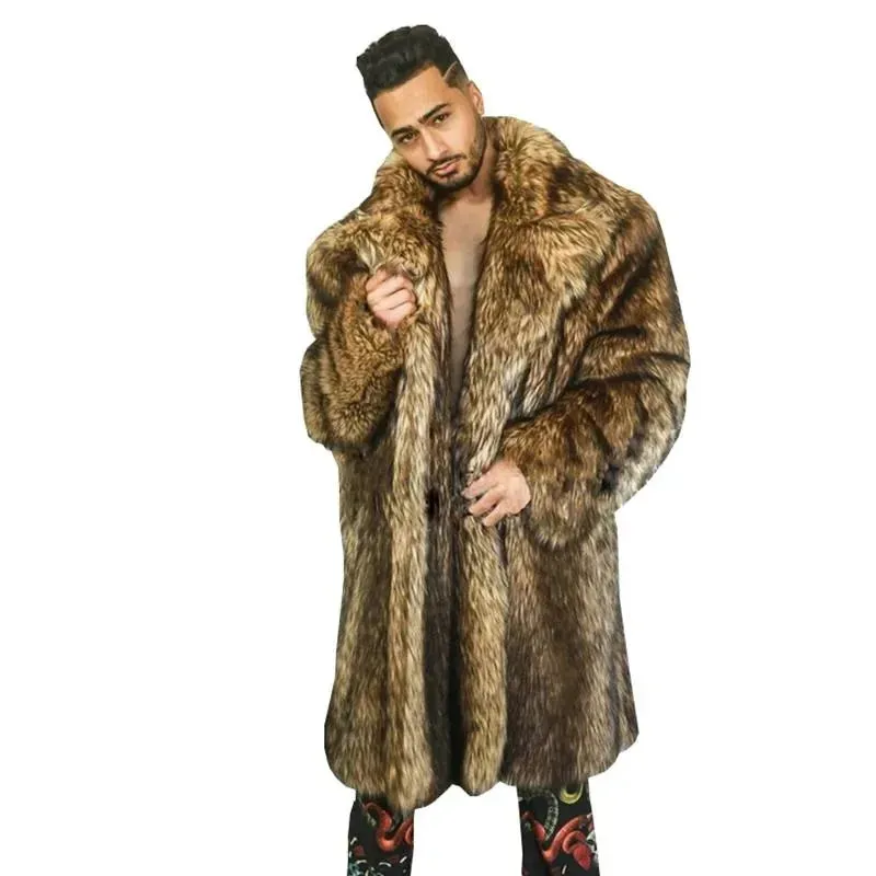 Mens Luxury Winter Faux Fur Long Trench Coat Jacket Warm Thicken Fluffy Faux Fuzzy Coat Cardigan Parka Outwear Chaquetas Hombre