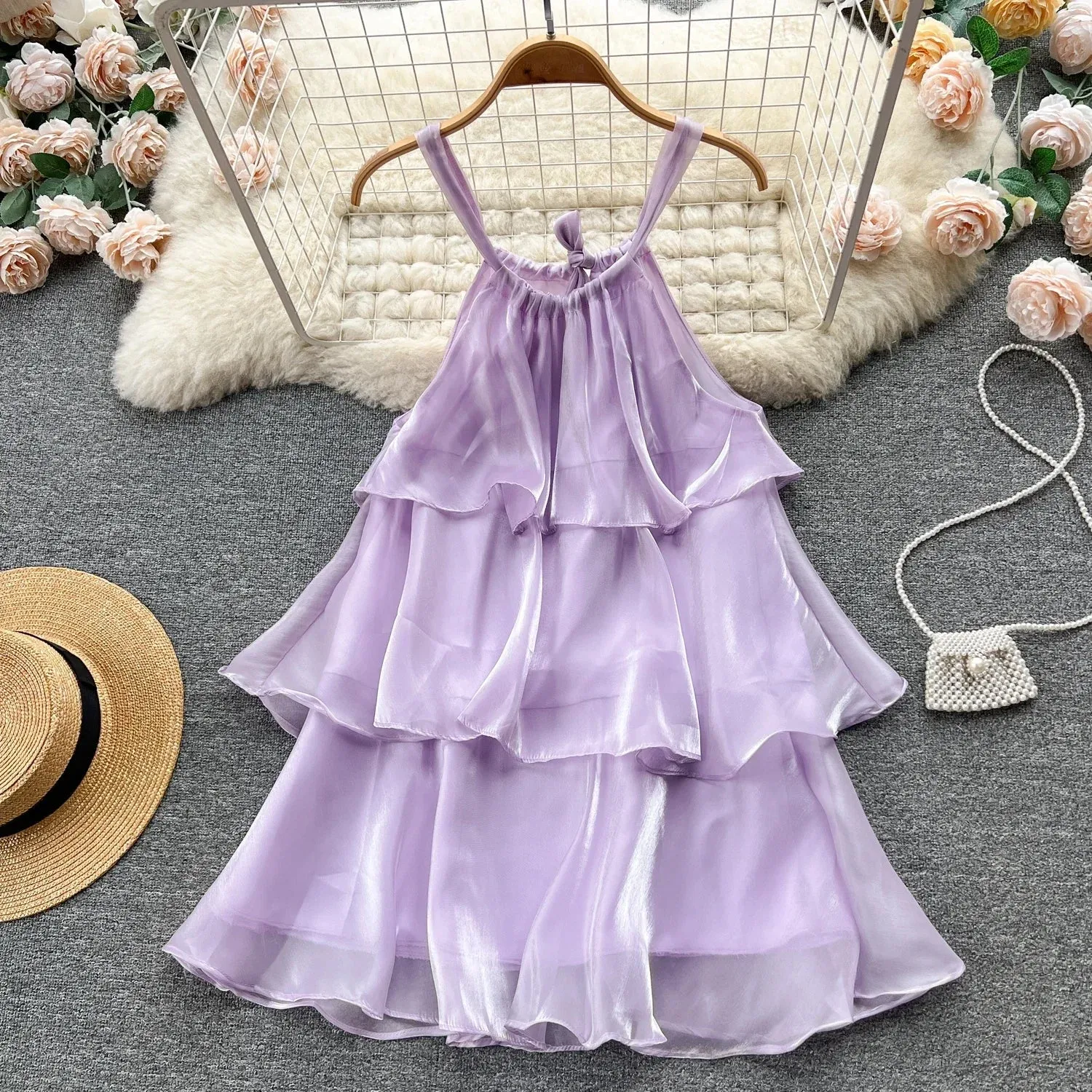 Mesh Ruffled Stylish Halter Mini Dress