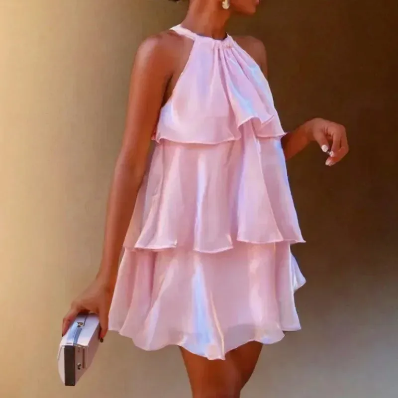 Mesh Ruffled Stylish Halter Mini Dress