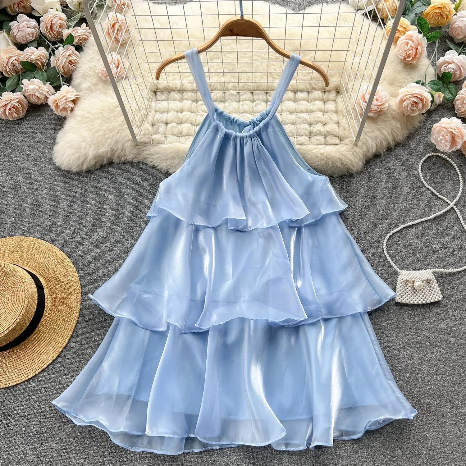 Mesh Ruffled Stylish Halter Mini Dress