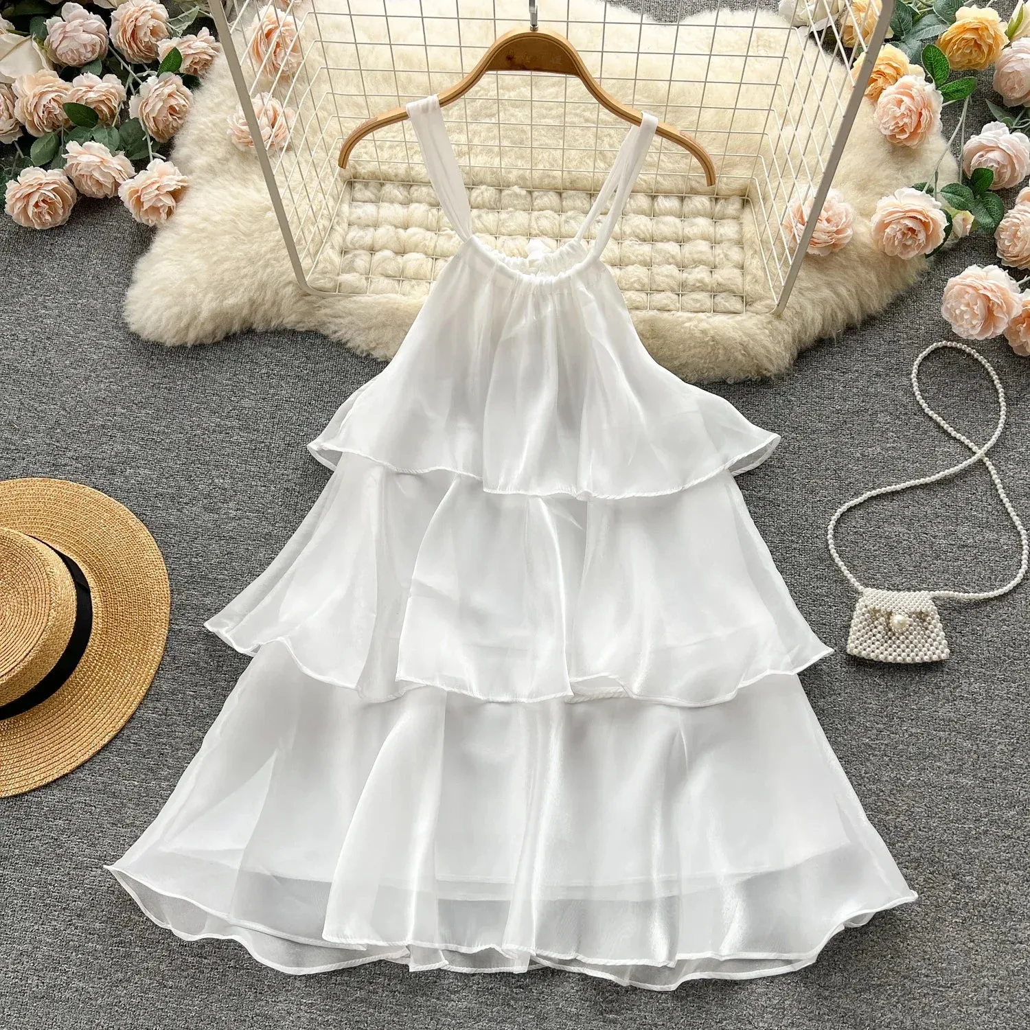 Mesh Ruffled Stylish Halter Mini Dress