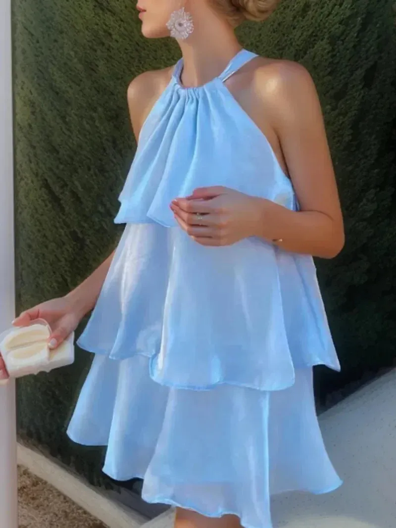 Mesh Ruffled Stylish Halter Mini Dress