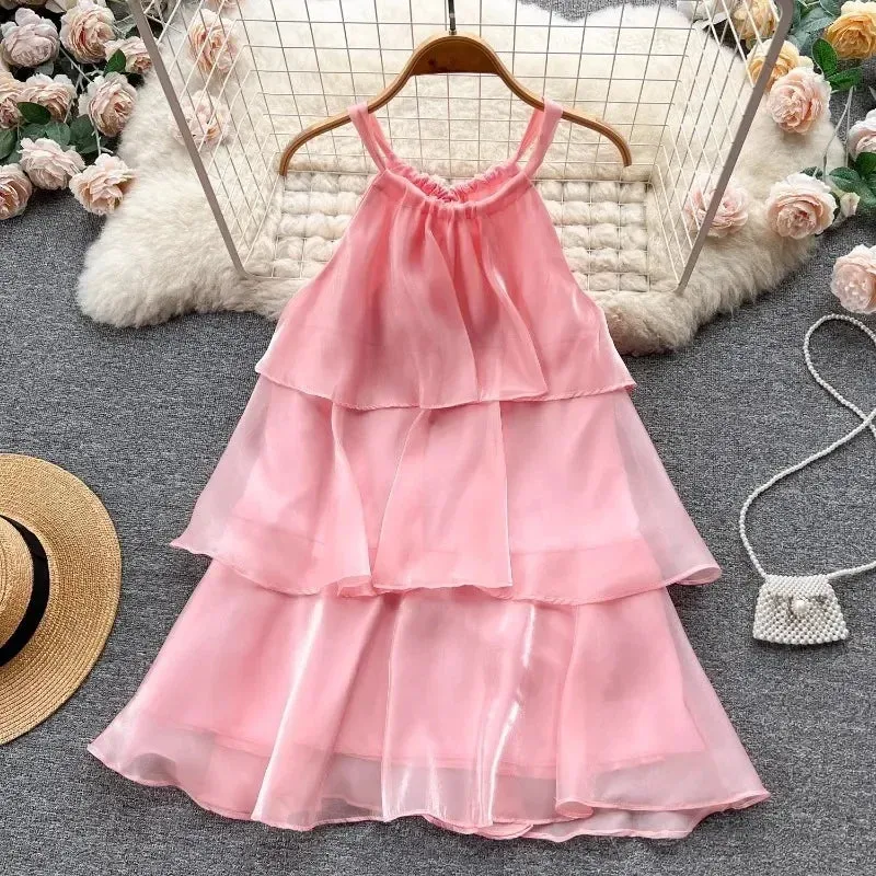 Mesh Ruffled Stylish Halter Mini Dress