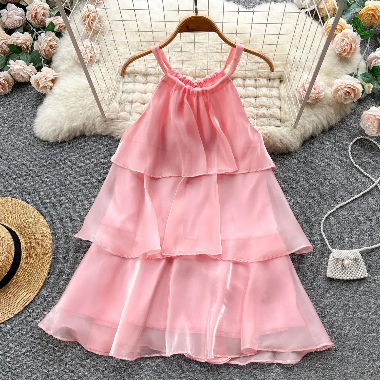 Mesh Ruffled Stylish Halter Mini Dress