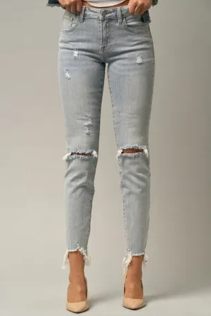 Mid Rise Frayed Hem Ripped Crop Skinny Jeans