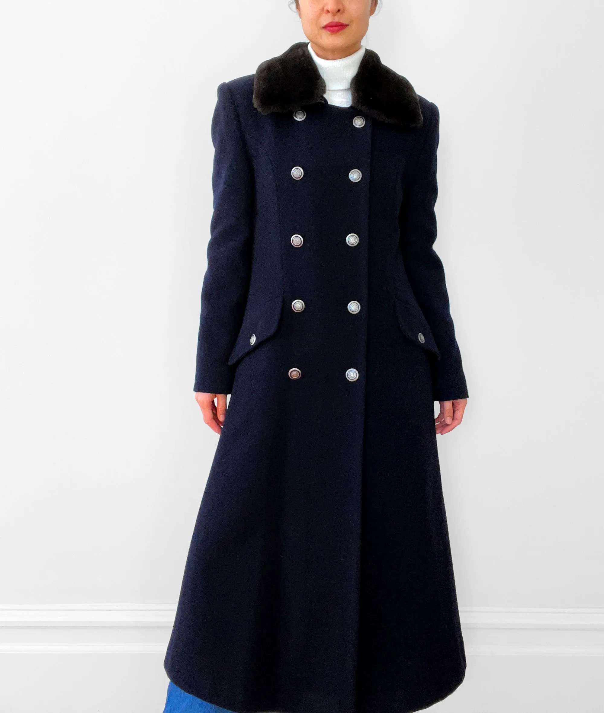 Navy Lambswool Naval- Inspired Double-Breasted Coat