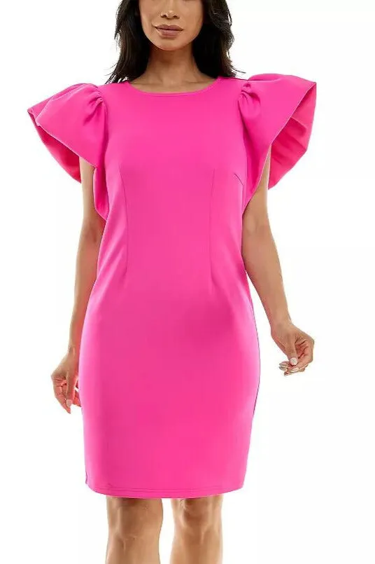 Nina Leonard Ruffle Shoulder Sheath Scoop Neck Mini Dress
