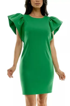 Nina Leonard Ruffle Shoulder Sheath Scoop Neck Mini Dress