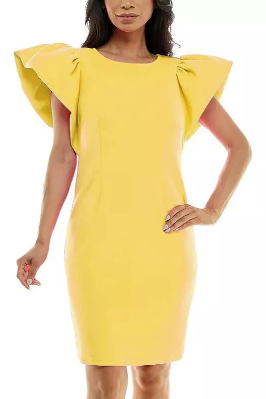 Nina Leonard Ruffle Shoulder Sheath Scoop Neck Mini Dress