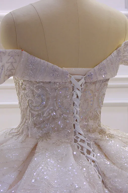 Off-the-Shoulder Satin Ruffle Ball Gown Wedding Dress with Sequins and Beadings