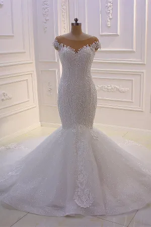 Off the Shoulder Sweetheart White Lace Appliques Tulle Mermaid Wedding Dress