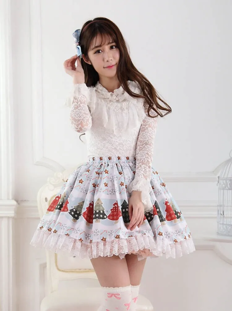Original Design Sweet Light Blue Christmas Tree and Star Printed Girl's Lolita Pleated Skirt with Lace Trimming
