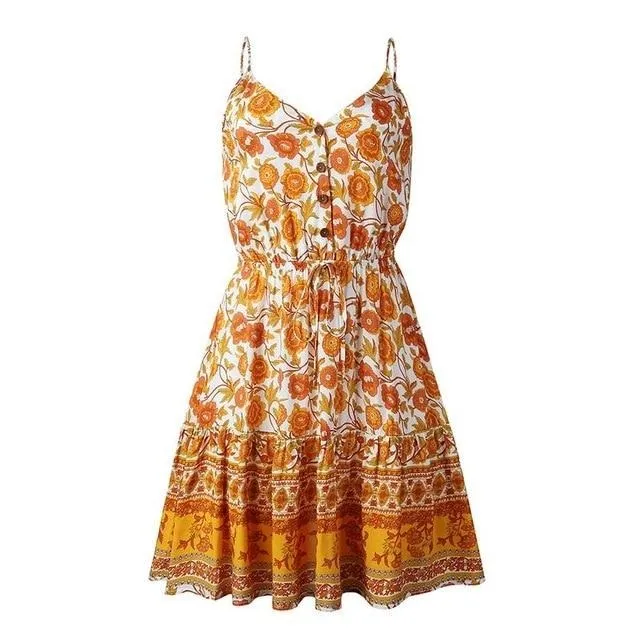 Plus Size V-neck Summer Floral Print Bohemian Short A-line High Waist Dress