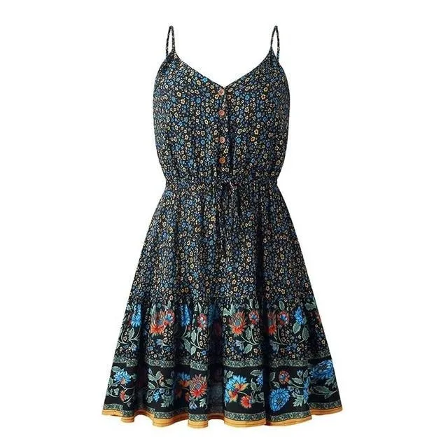 Plus Size V-neck Summer Floral Print Bohemian Short A-line High Waist Dress