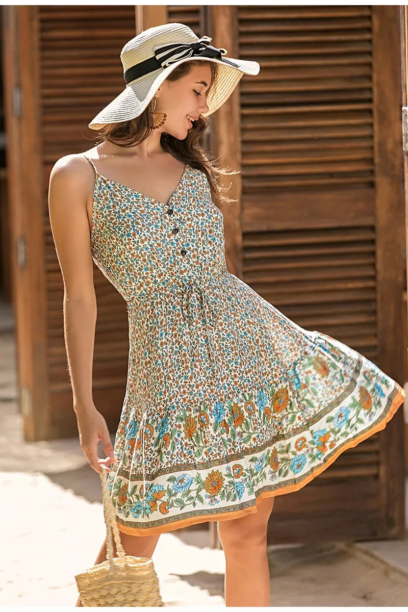 Plus Size V-neck Summer Floral Print Bohemian Short A-line High Waist Dress