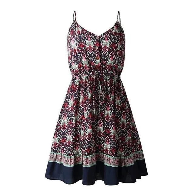 Plus Size V-neck Summer Floral Print Bohemian Short A-line High Waist Dress