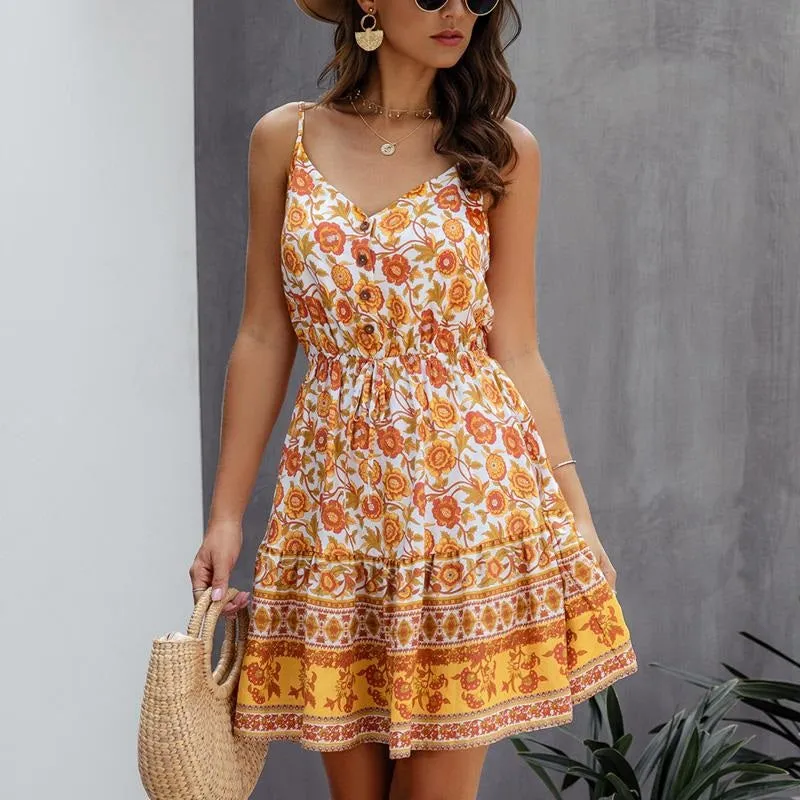 Plus Size V-neck Summer Floral Print Bohemian Short A-line High Waist Dress