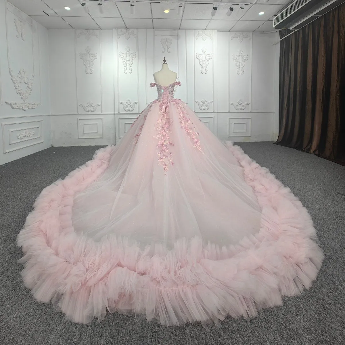 Quinceanera Ball Gown  Off-the-Shoulder  Sequined Pink Dress