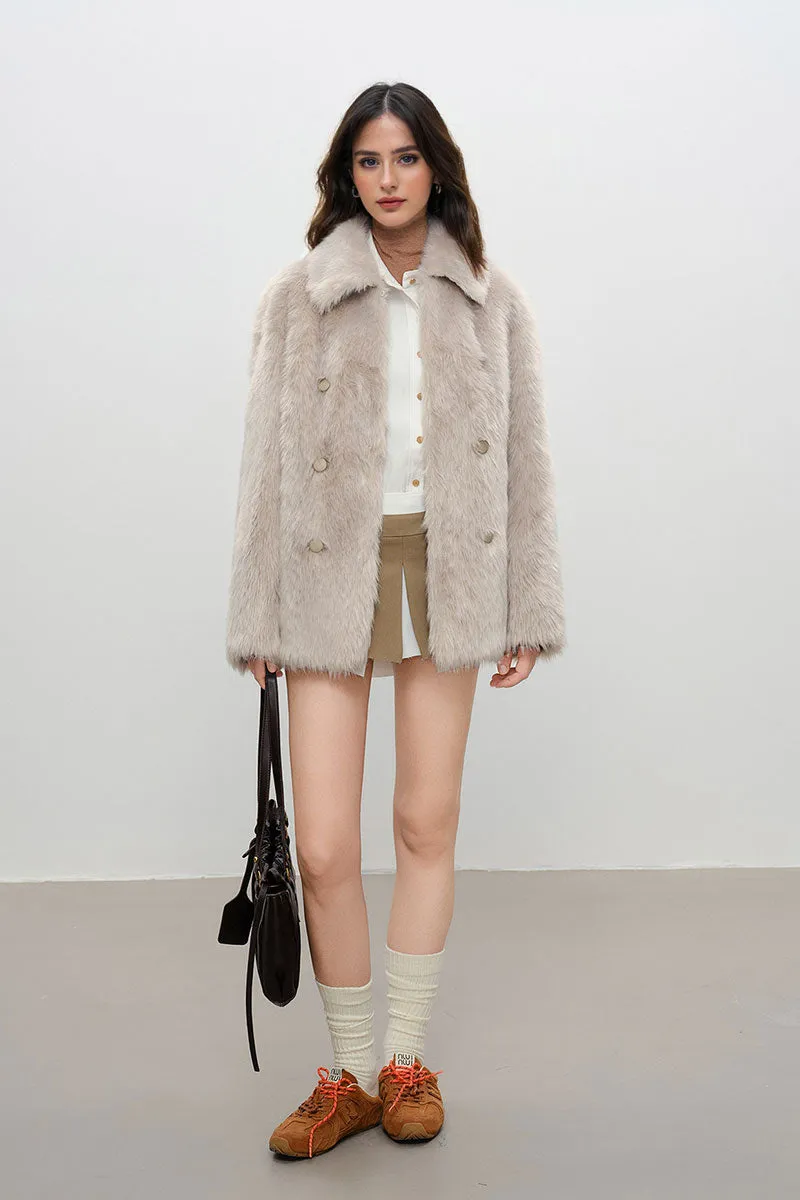 Recycled Faux Fur Double Breasted Mid-Length Coat