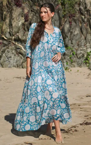 River Goddess 100% Cotton Maxi Dress Neera Sky Sunflower