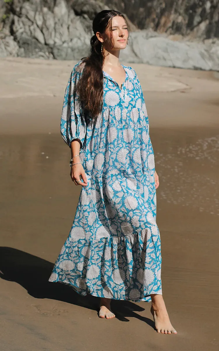 River Goddess 100% Cotton Maxi Dress Neera Sky Sunflower