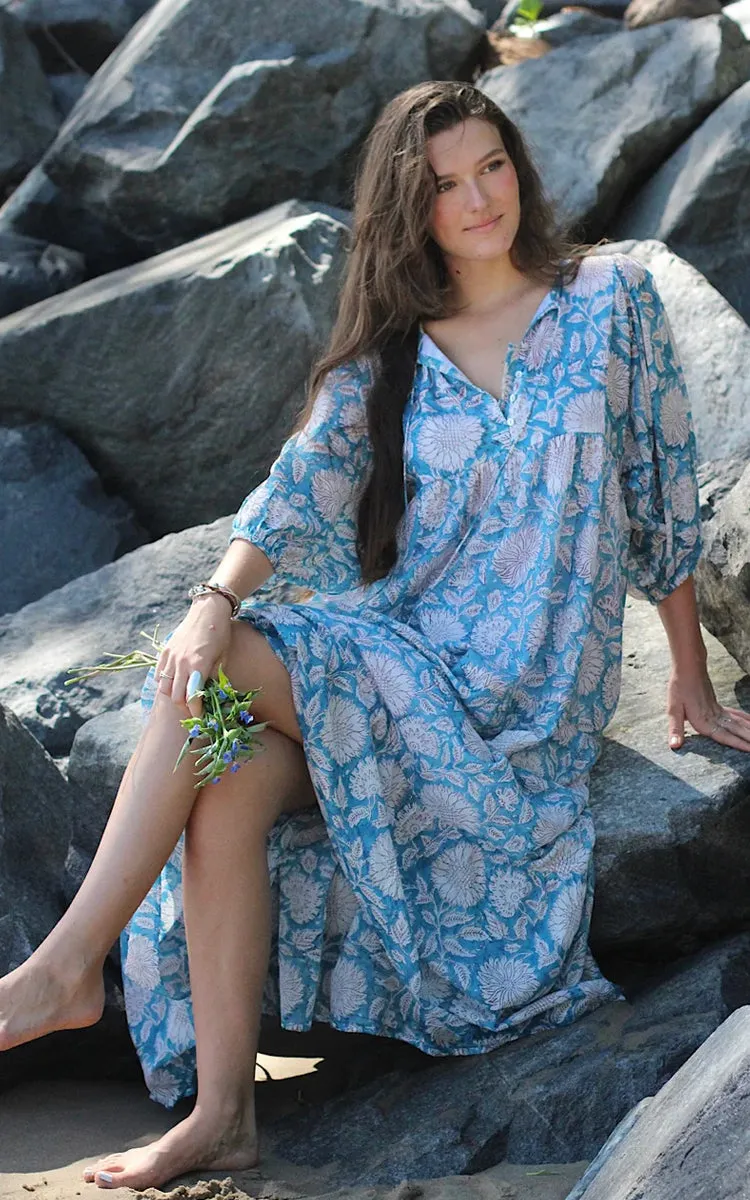 River Goddess 100% Cotton Maxi Dress Neera Sky Sunflower